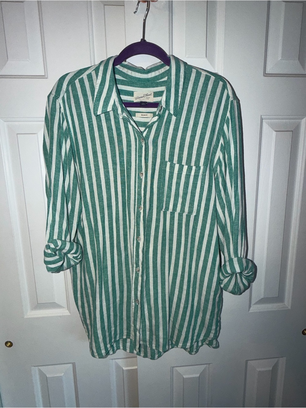 Universal Thread Green & White Striped Button-Down Shirt